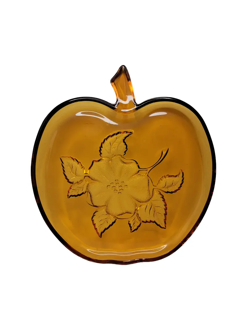 Amber Glass Apple Plate – Vintage Hazel-Atlas Pressed Glass, 8-Inch Floral Embossed Serving Piece 1
