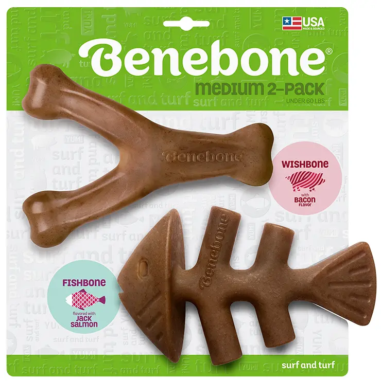 Benebone Bacon & Salmon Wishbone Chew Pack – Medium Dual-Flavor Dog Toys 1