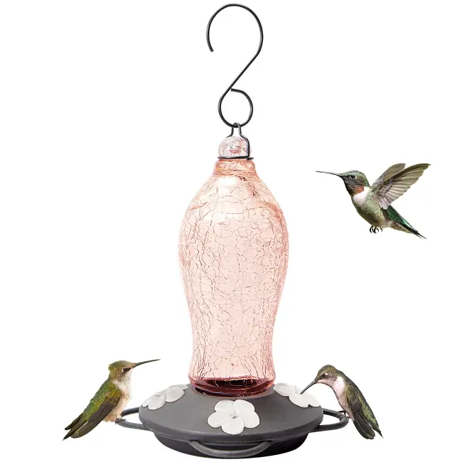 Blush Crackle Artisan Glass Hummingbird Feeder With Gravity Fill 1