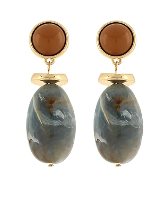 Brown And Gray Marble Stone Oval Drop Earrings 1