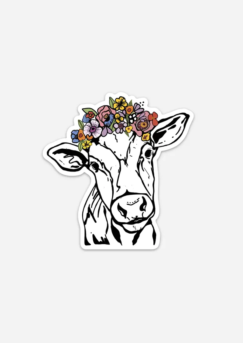 Cow With Floral Crown Vinyl Sticker 1