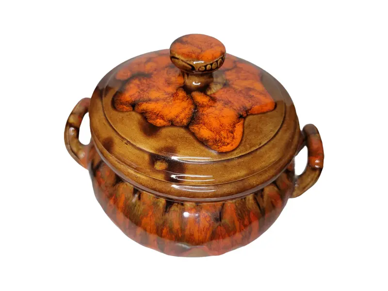 Drip-Glazed Ceramic Lidded Pot – Organic Textured Vessel, Mid-Century Studio Pottery Style 1