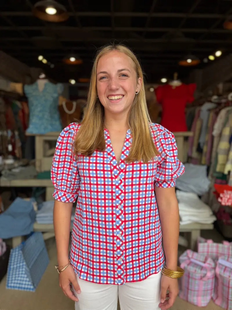 Elaine Gingham Top – Red And Navy Checked Blouse 1