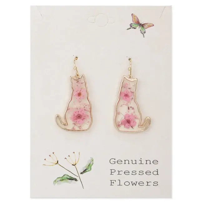 Feline Friend Dried Flower Earrings – Cat-Lover Botanical Earrings 1
