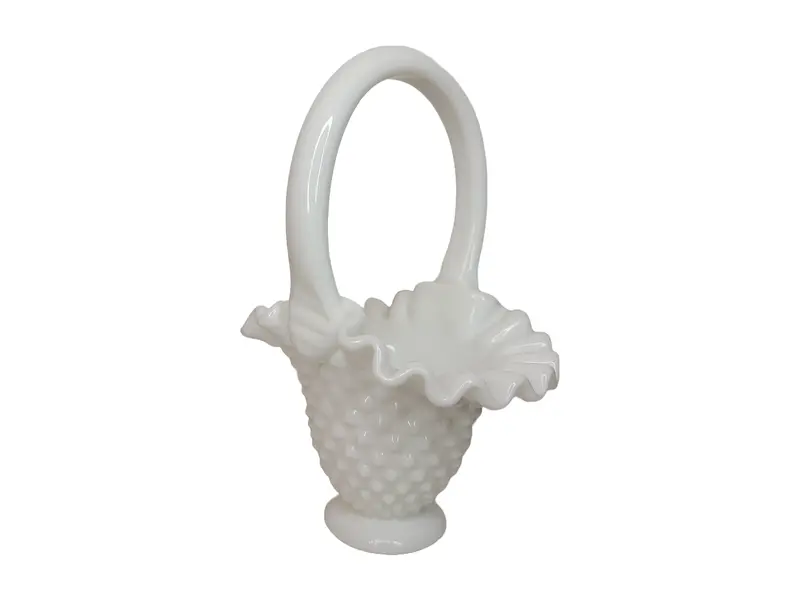 Fenton Milk Glass Hobnail Basket Dish – Vintage Ruffled-Edge Serving Piece, 8 Inches Tall 1