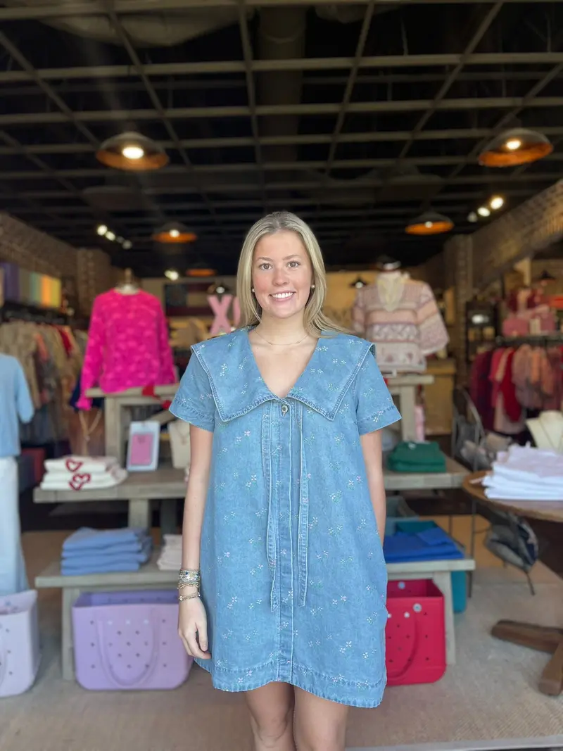 Final Sale: Denim Floral Mini Dress With Peter Pan Collar 1