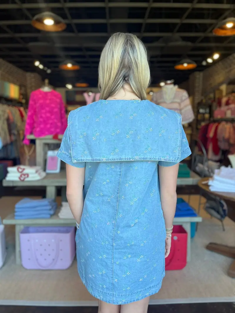 Final Sale: Denim Floral Mini Dress With Peter Pan Collar 2