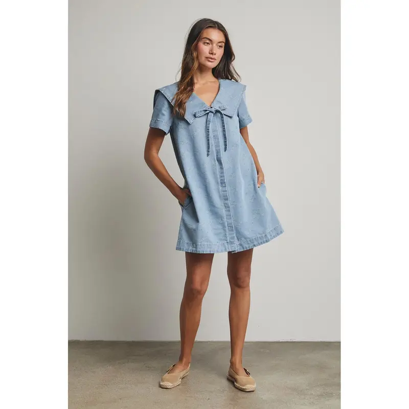 Final Sale: Denim Floral Mini Dress With Peter Pan Collar 3