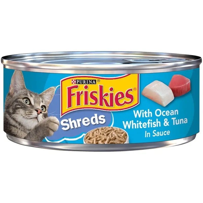 Friskies Savory Shreds Wet Cat Food – Ocean White Fish & Tuna, 5.5 Oz Can 1