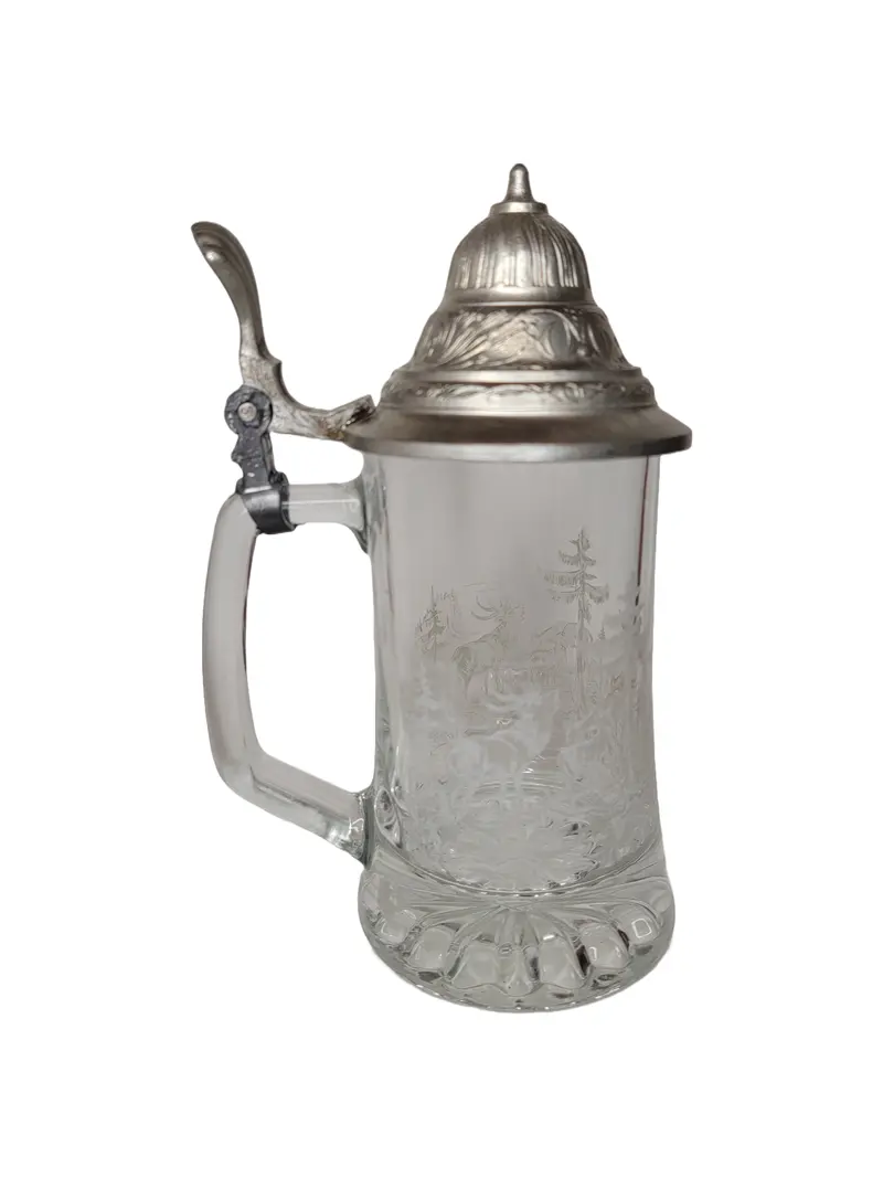German Crystal Beer Stein – Etched Stag Motif, Pewter Lid, Vintage Bavarian Collectible 1