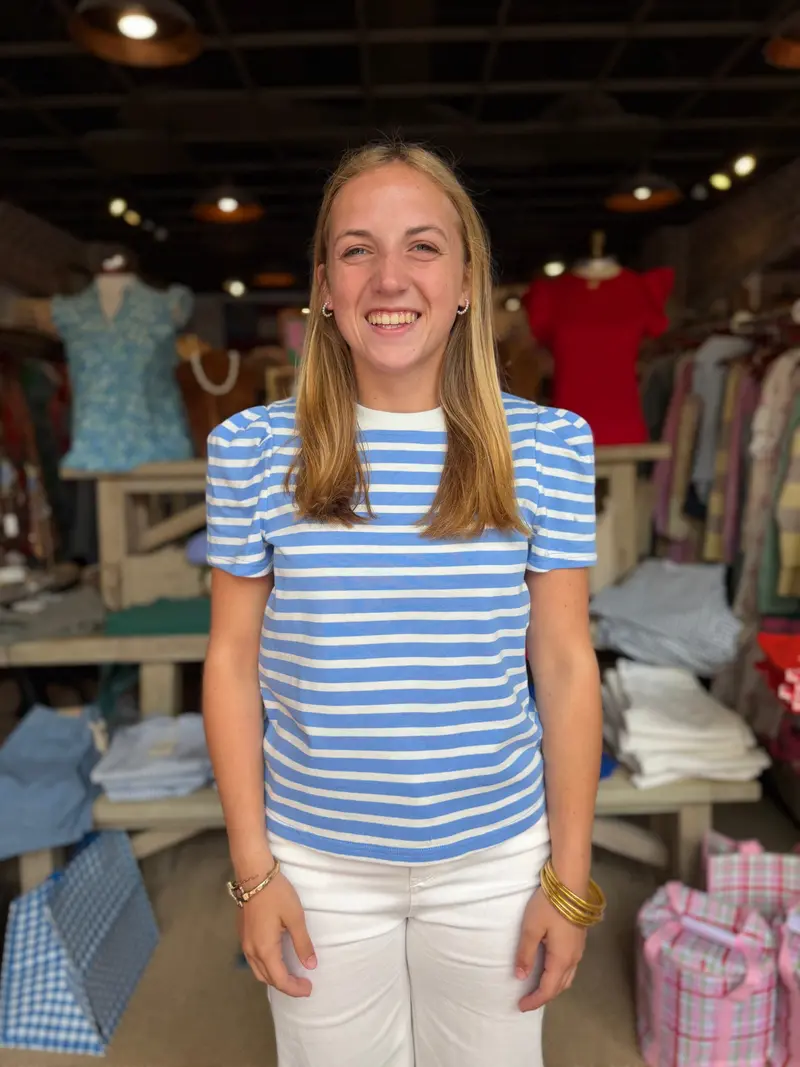 Larissa Blue-And-White Pleated Sleeve T-Shirt 1