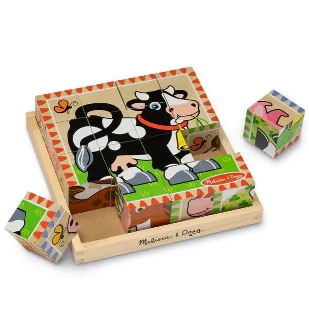 Melissa & Doug Wooden Farm Cube Puzzle – 6-Side Rotating Learning Activity 1