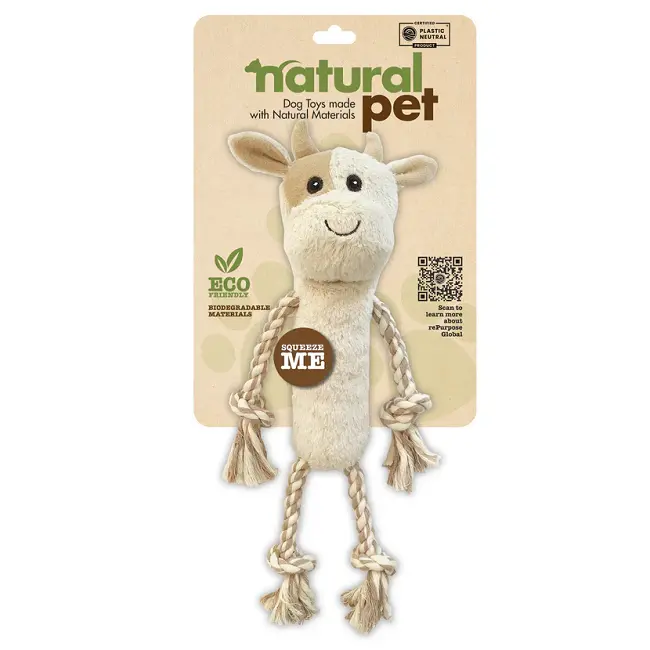 Natural Pet Plush Cow Dog Toy With Braided Rope Handle 1