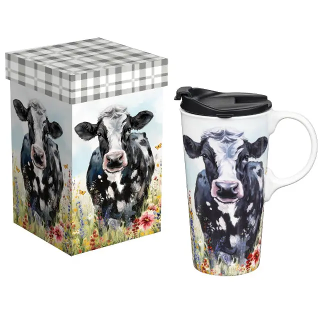 Perfect Cup Ceramic Travel Mug With Gift Box – Rustic Cow Illustration 1