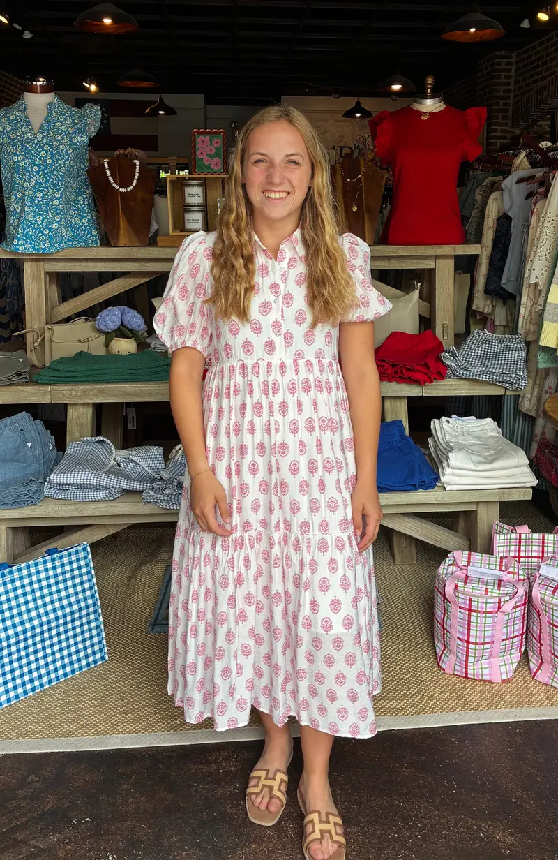 Pink Floral Puff Sleeve Tiered Midi Dress 1