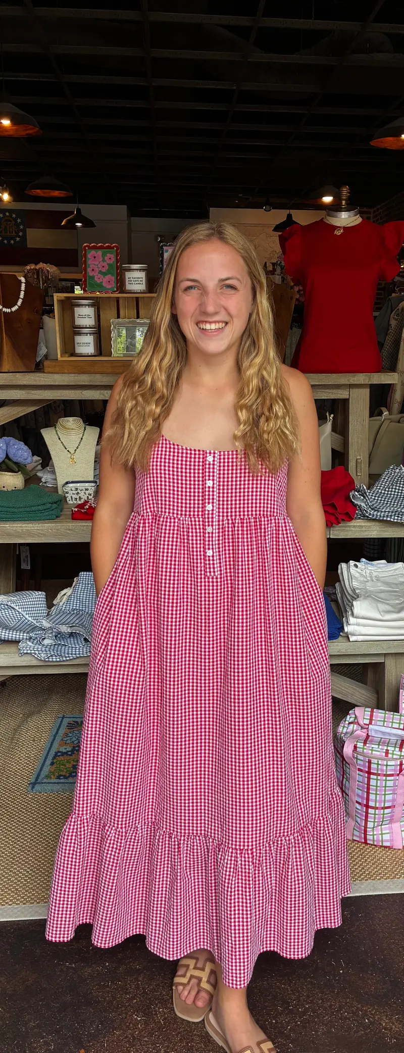 Red & White Gingham Midi Dress – Classic Checked Style 1