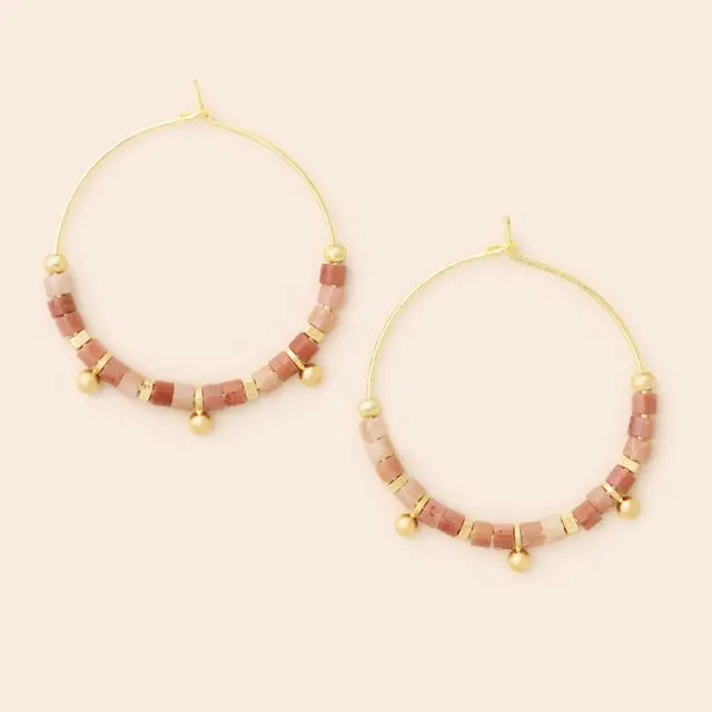 Rhodonite & Gold Stone Disc Hoop Earrings 1