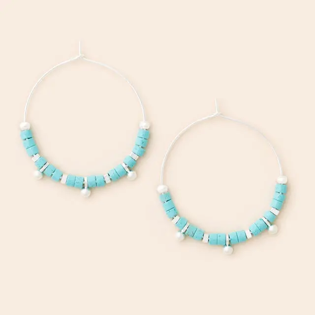 Turquoise & Silver Stone Disc Hoop Earrings 1