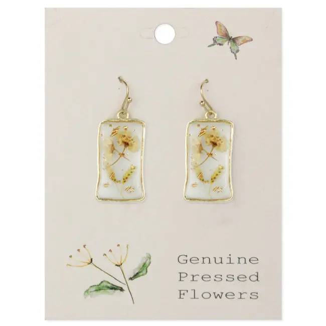 White Dried Flower Rectangle Earrings – Gold-Plated Botanical Accents 1