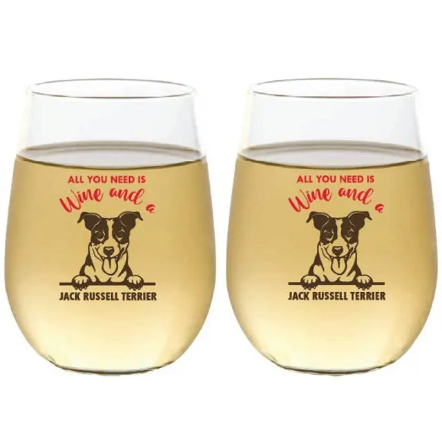 Wine-Oh! Shatterproof Stemless Wine Glasses – Jack Russell Terrier Design (2-Pack, 16 Oz Each) 1