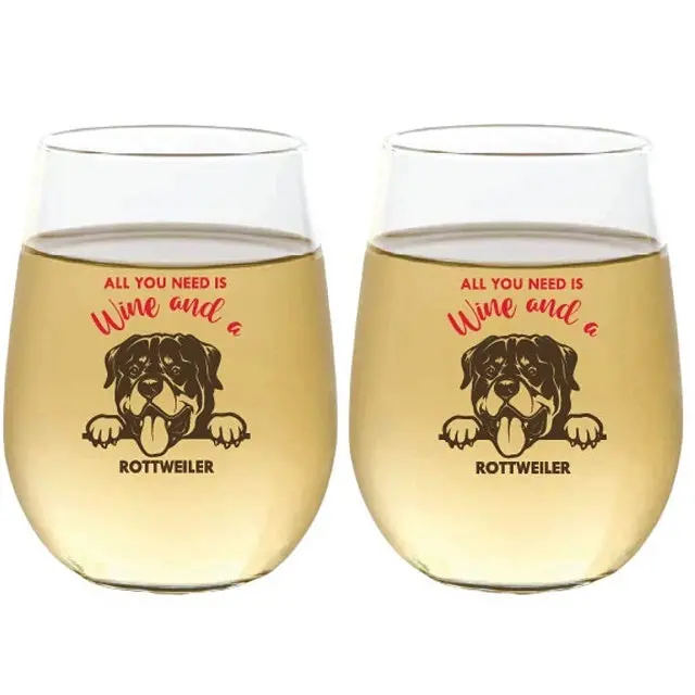 Wine-Oh! Shatterproof Stemless Wine Glasses – Rottweiler Design (2-Pack, 16 Oz Each) 1